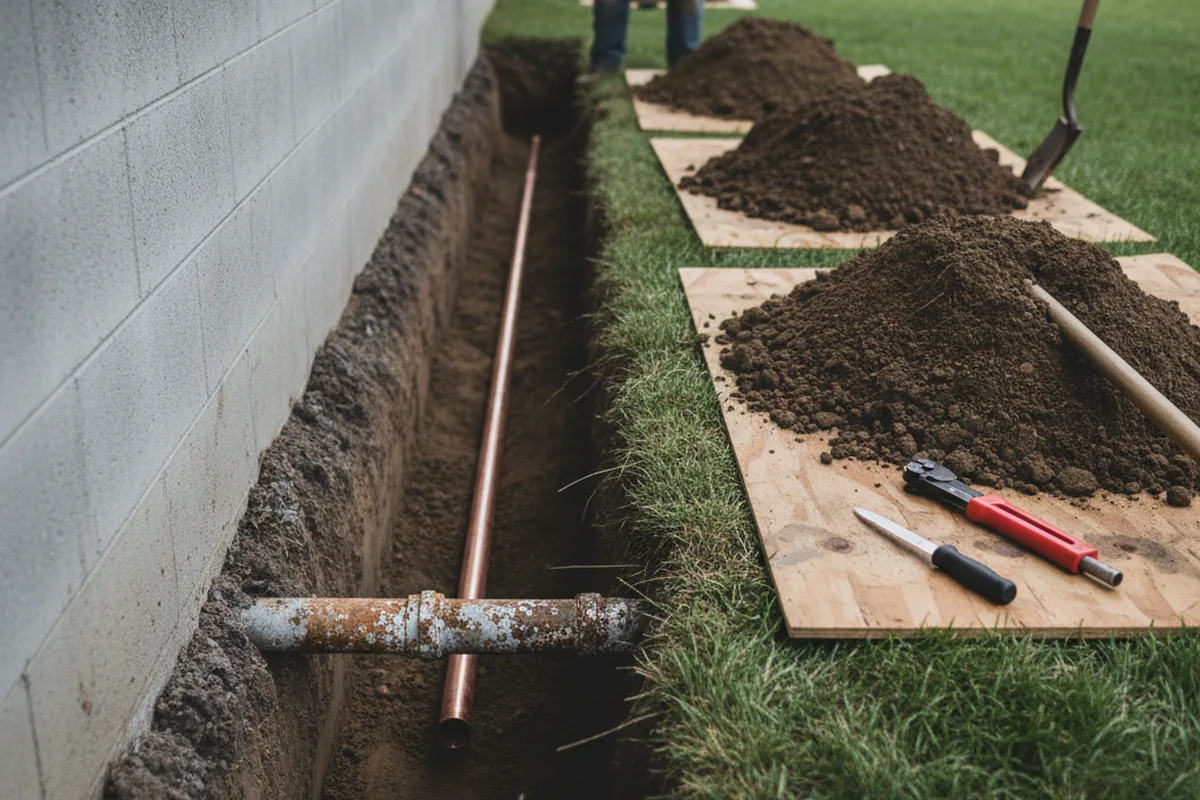 Excavated water line trench during Water Heater Repair in Central Islip